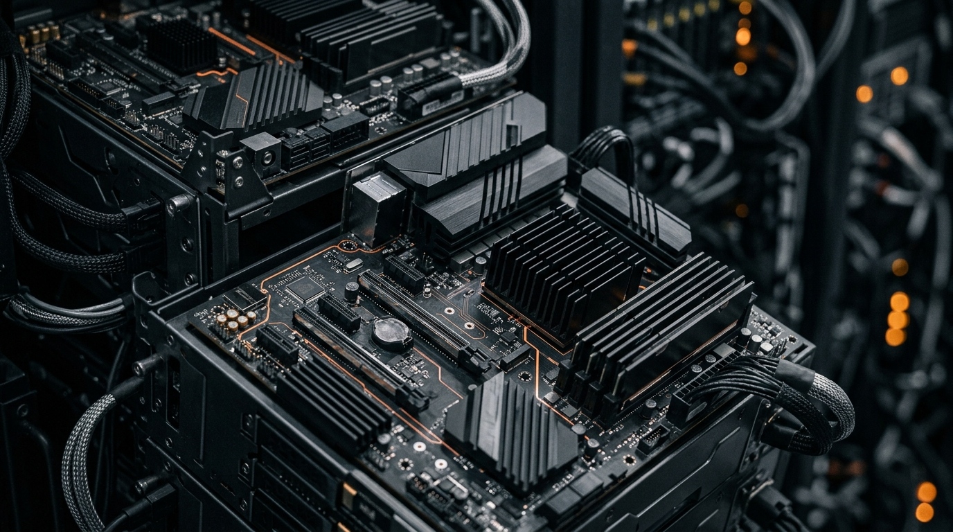 Servidores com placas, dissipadores e cabos em ambiente escuro, representando a engenharia de software e infraestrutura