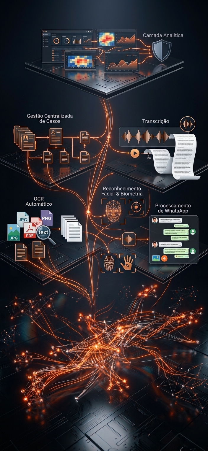 Visualização em rede de nós e conexões de dados, representando a análise de vínculos do Samaia Case Management